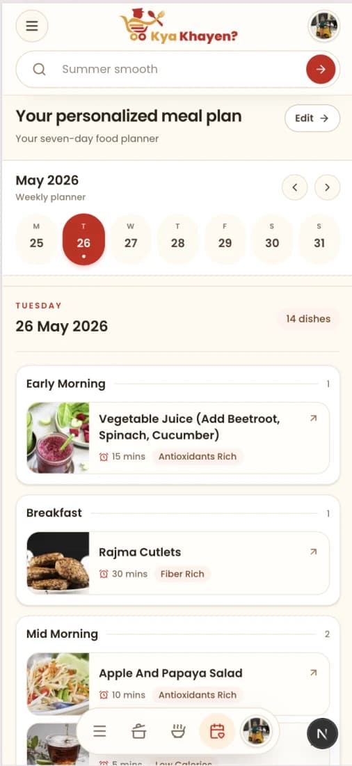 Kya Khayen meal planner displayed on a phone