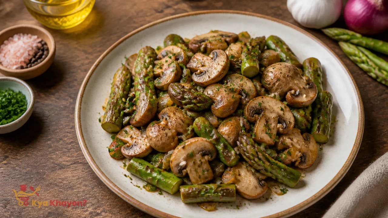Saute Mushrooms with Asparagus and Parsley