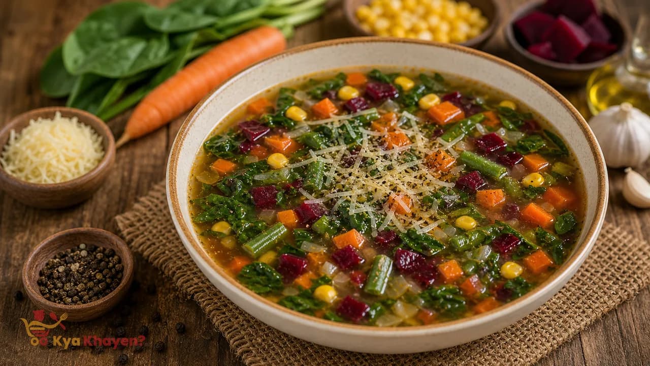 Vegetable Soup (Add Carrot, Corns, Beetroot, Spinach, Beans and Garnish It with Grated Cheese and Black Pepper)