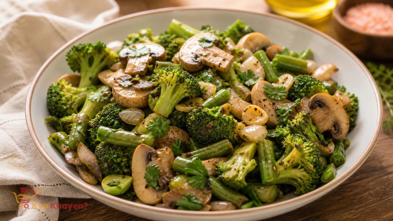 Olive Oil Saute Broccoli, Onion, Beans and Mushrooms