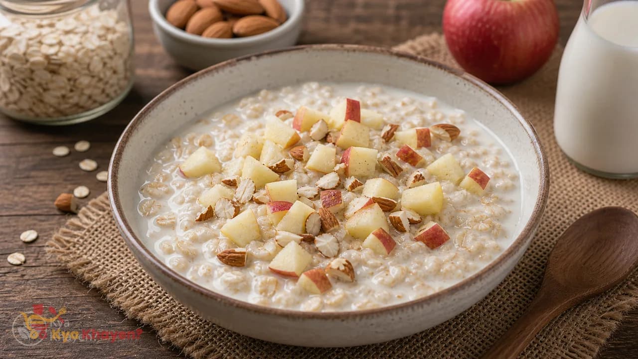 Oats with Milk Add Chopped Apples and Almonds