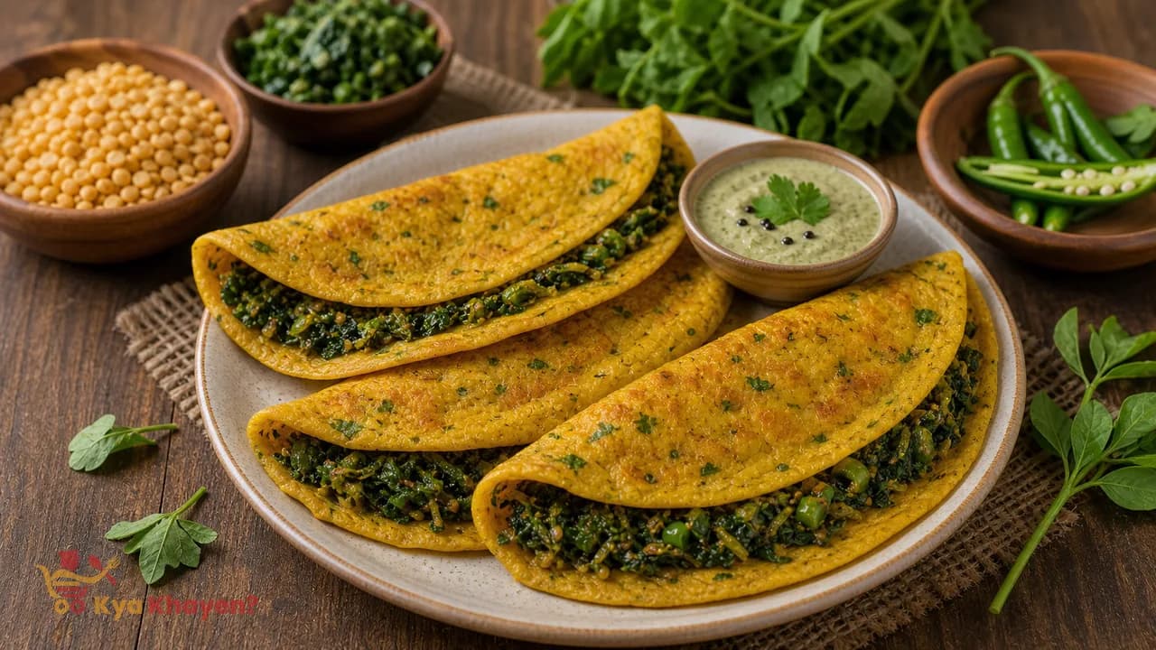 Yellow Moong Dal Cheela Stuffed with Bathua