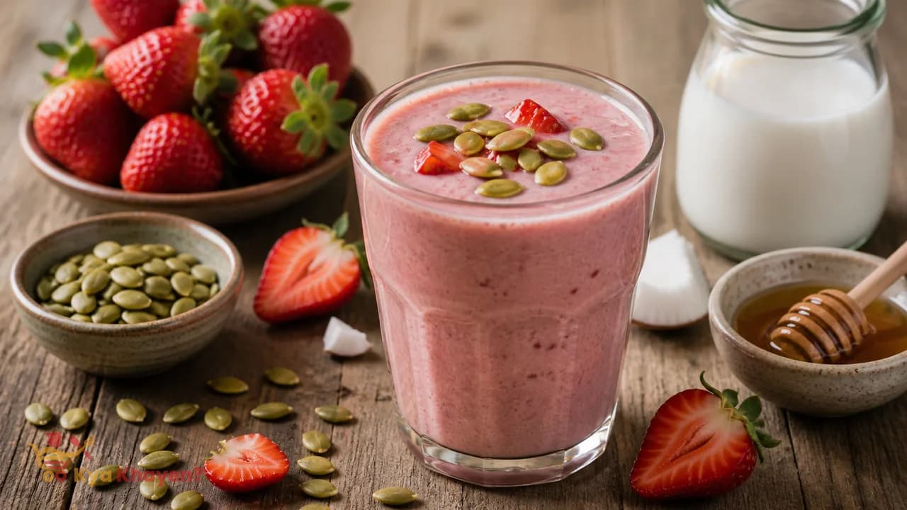 Coconut Strawberry Smoothie with Pumpkin Seeds