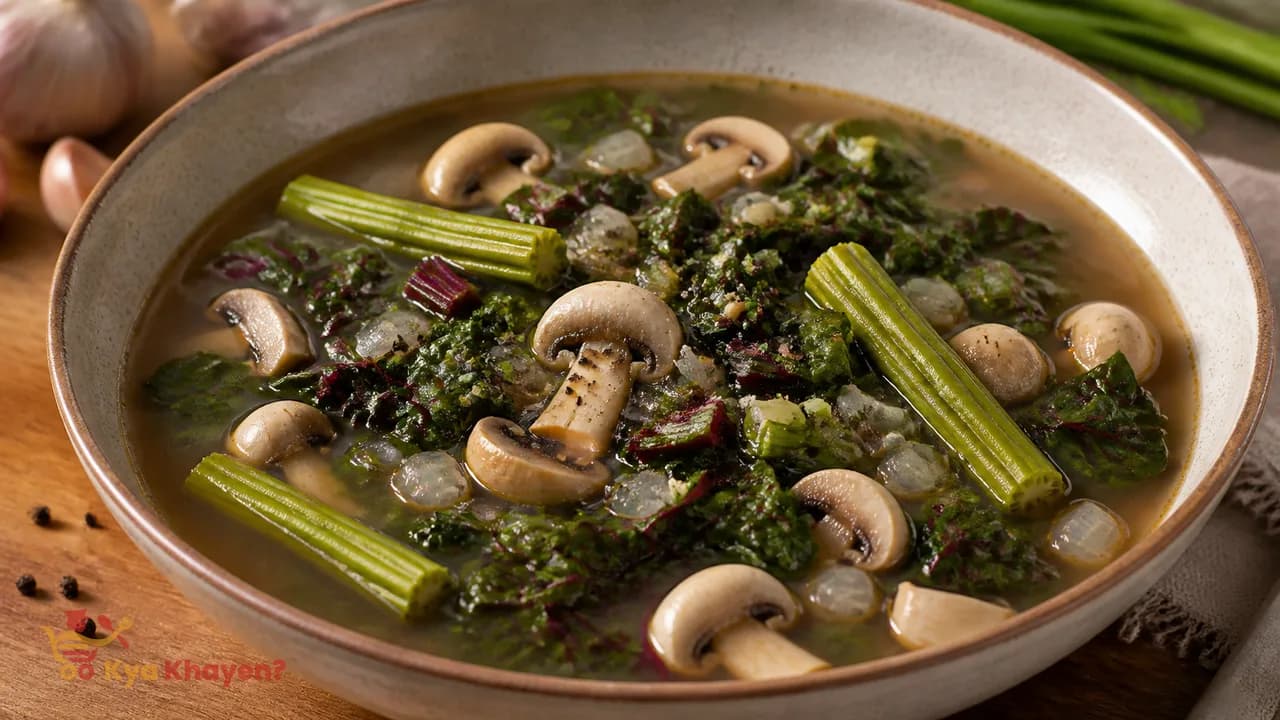 Mushrooms and Greens with Chicken Stock