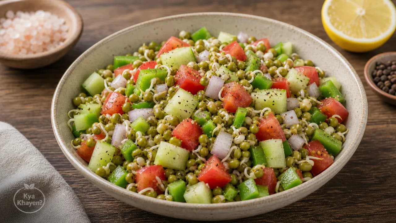 Steamed Green Moong Sprout Salad (Add Cucumber, Tomatoes and Capsicum)