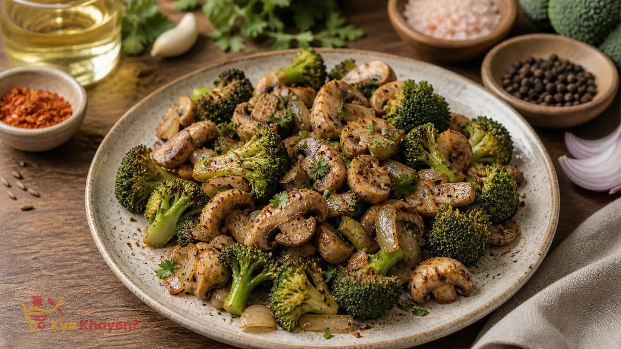 Saute Mushrooms and Broccoli (Prepare the Meal in Rock Salt and Black Pepper)