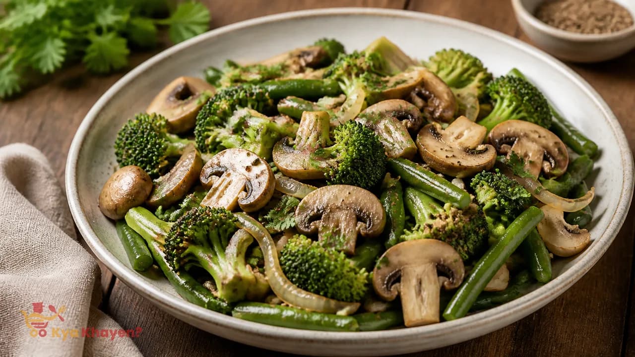 Saute Broccoli, Onion, Beans and Mushrooms