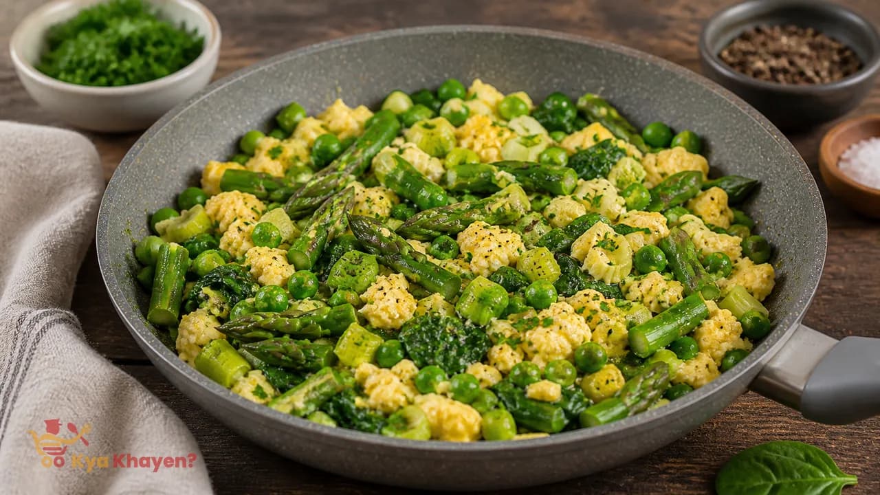Leek Greens with Egg, Asparagus and Peas