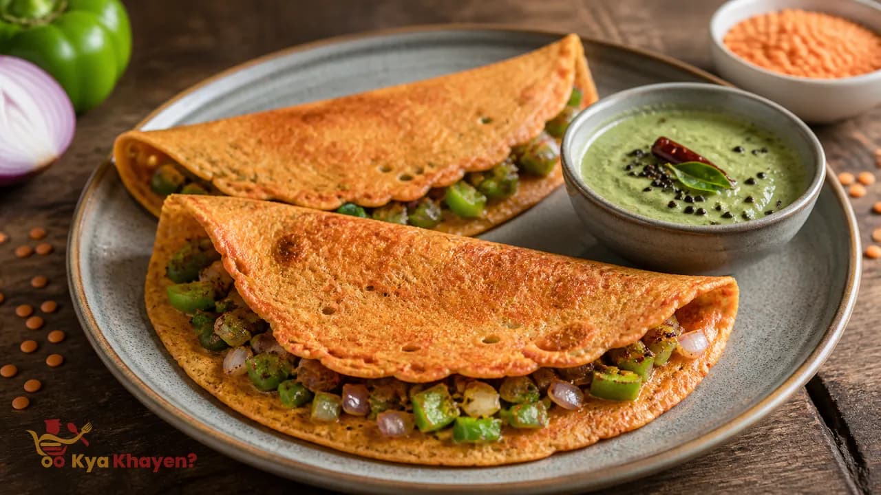 Pink Masoor Dal Cheela Stuffed with Capsicum