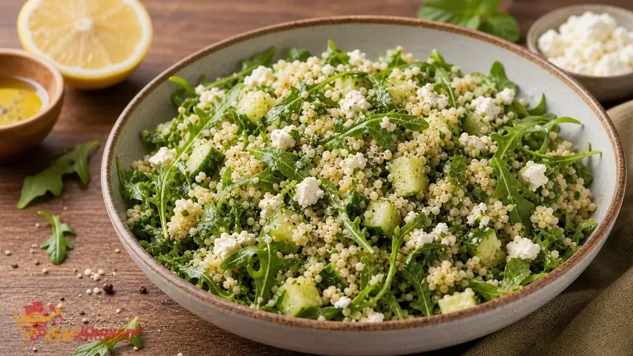 Lemony Arugula Salad with Couscous Cucumber and Feta
