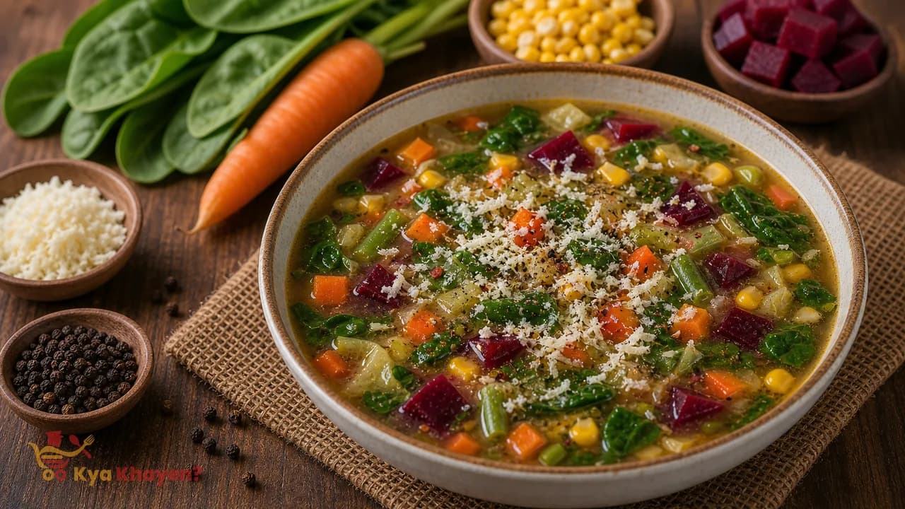 Vegetable Soup (Add Carrot, Corns, Beetroot, Spinach, Beans and Garnish It with Grated Paneer and Black Pepper)