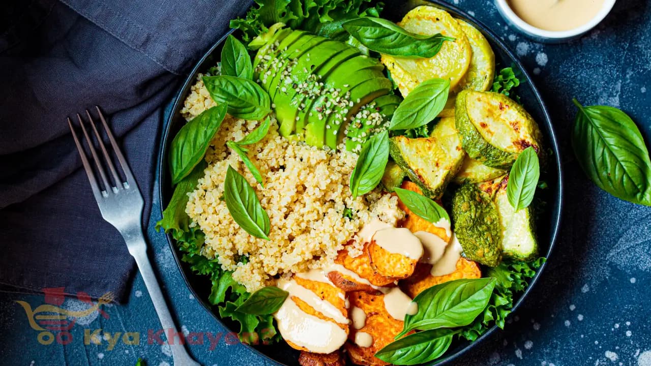 Quinoa Salad with Grilled Fish and Chopped Mushroom and Zucchini